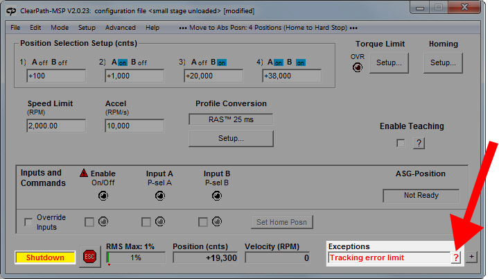 MSP image of tracking error limit shutdown Exceptions message